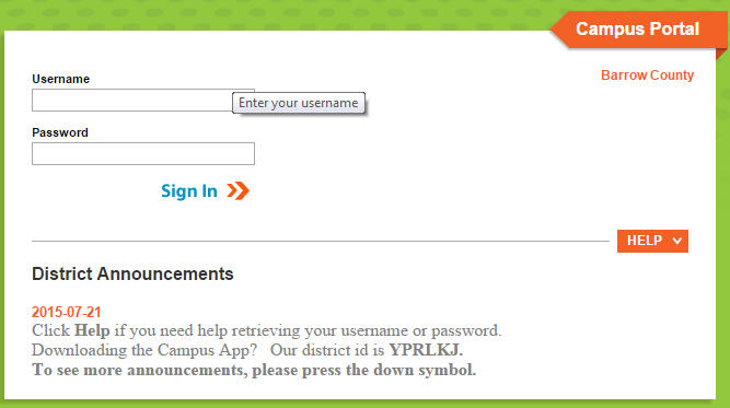 Infinite Campus: User Name and Password screen