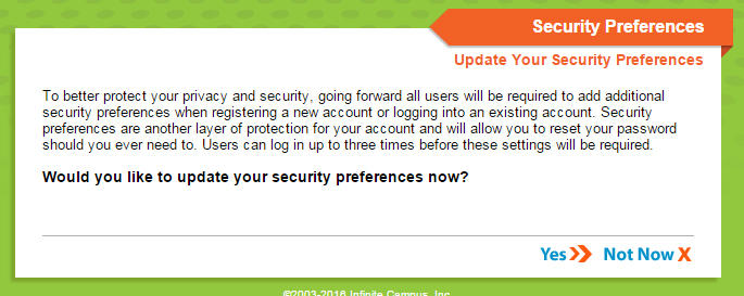 Infinite Campus: Security Preferences screen