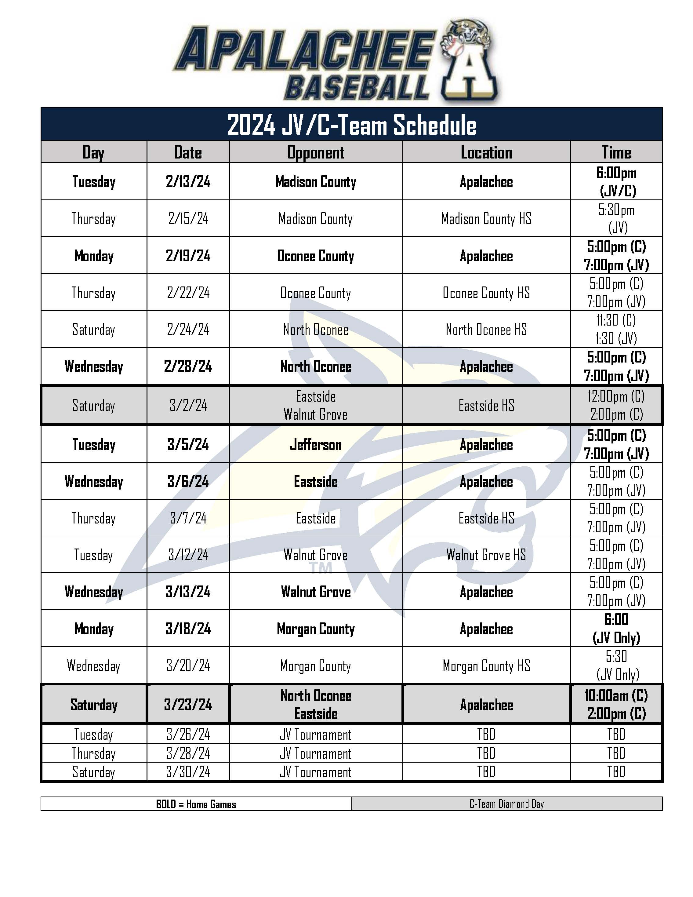 Baseball JV & C Team Schedule