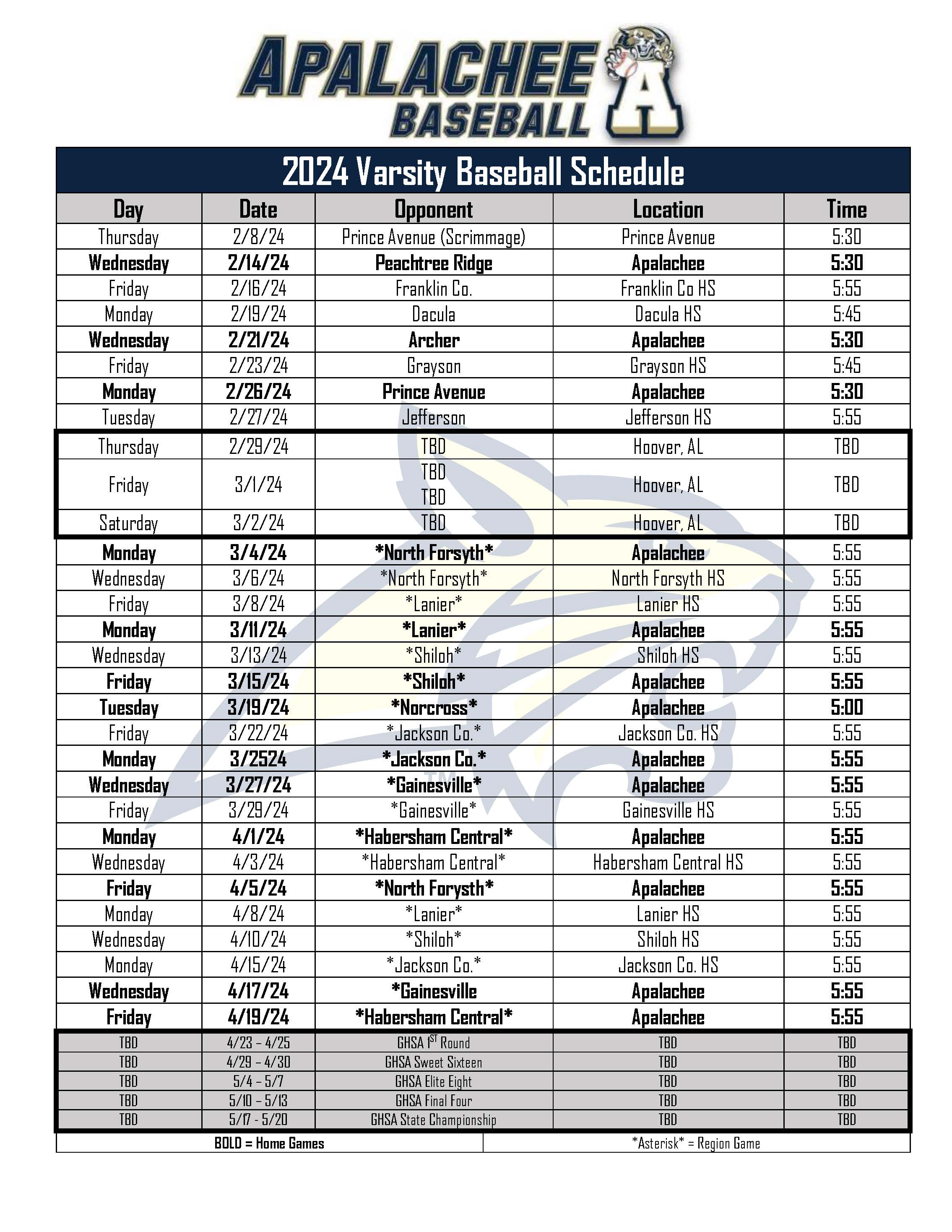 Baseball Varsity Schedule