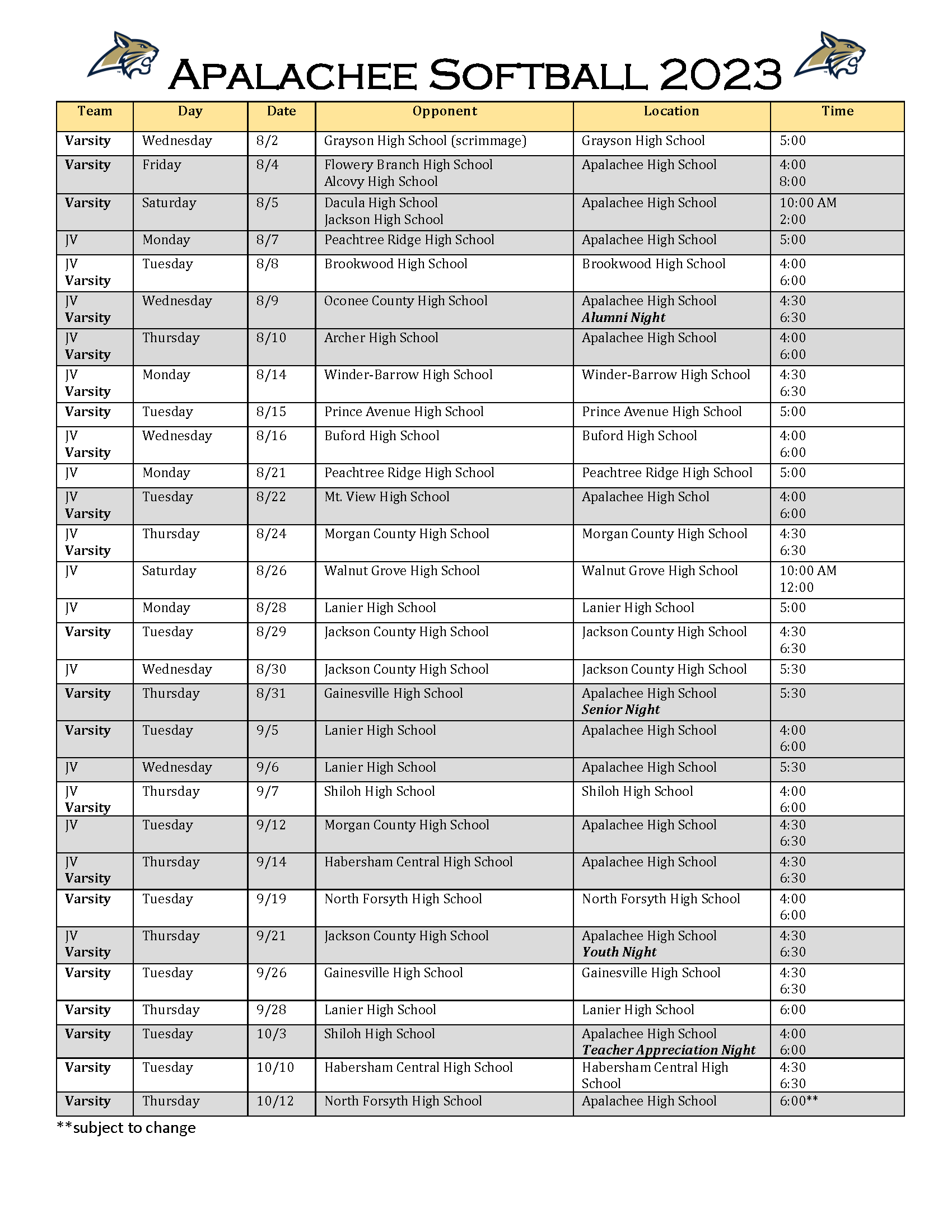 Softball Schedule