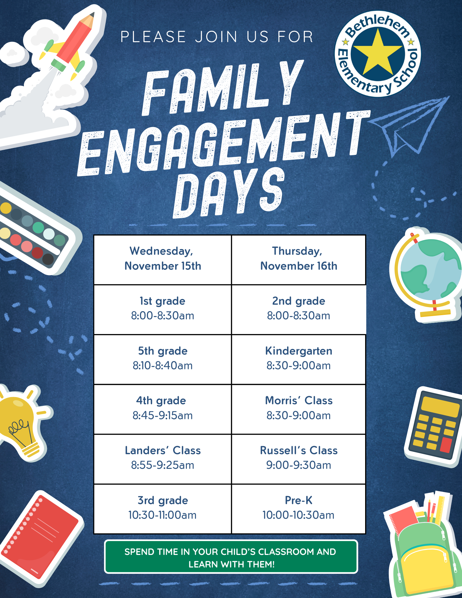 schedule for family engagement days - click for PDF