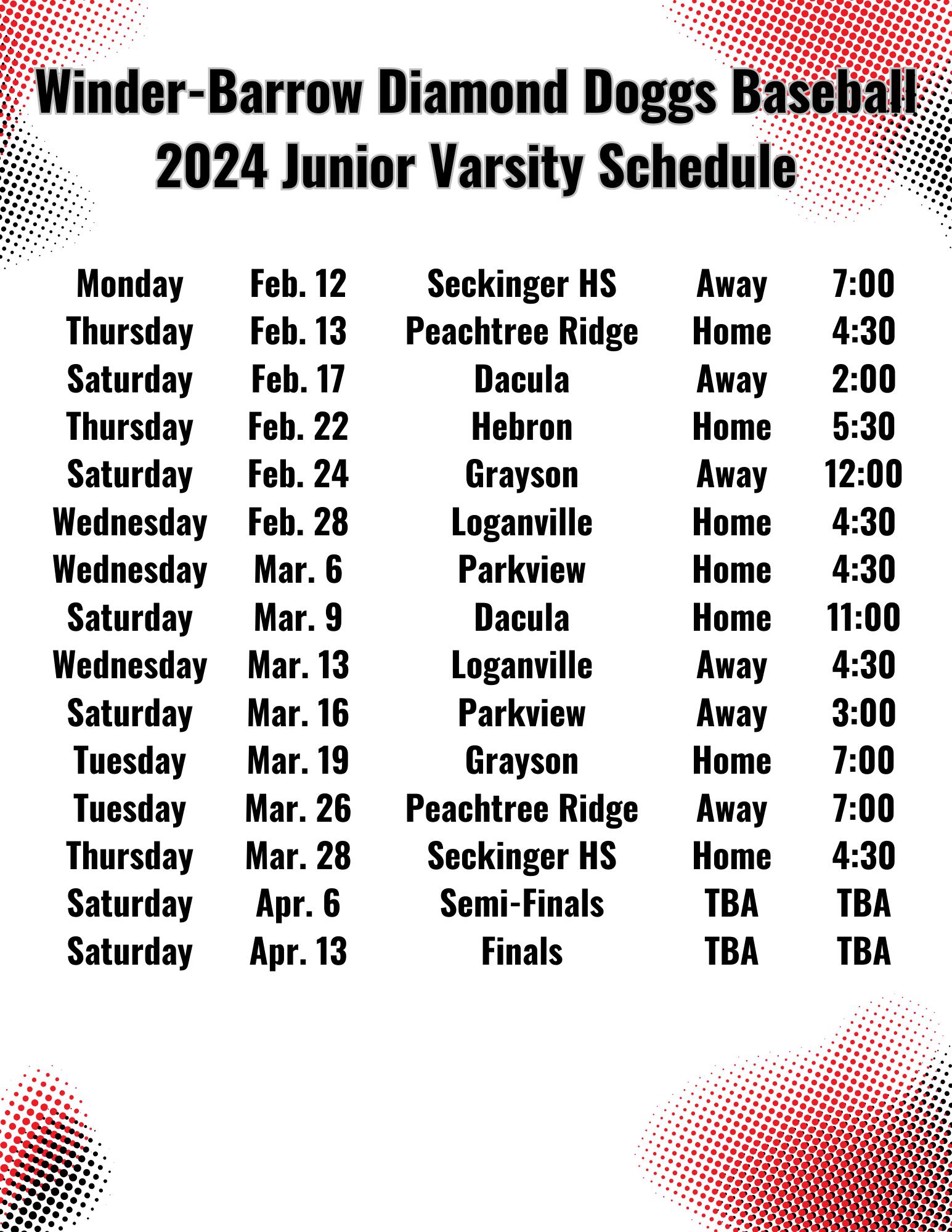 JV Baseball Schedule 2024