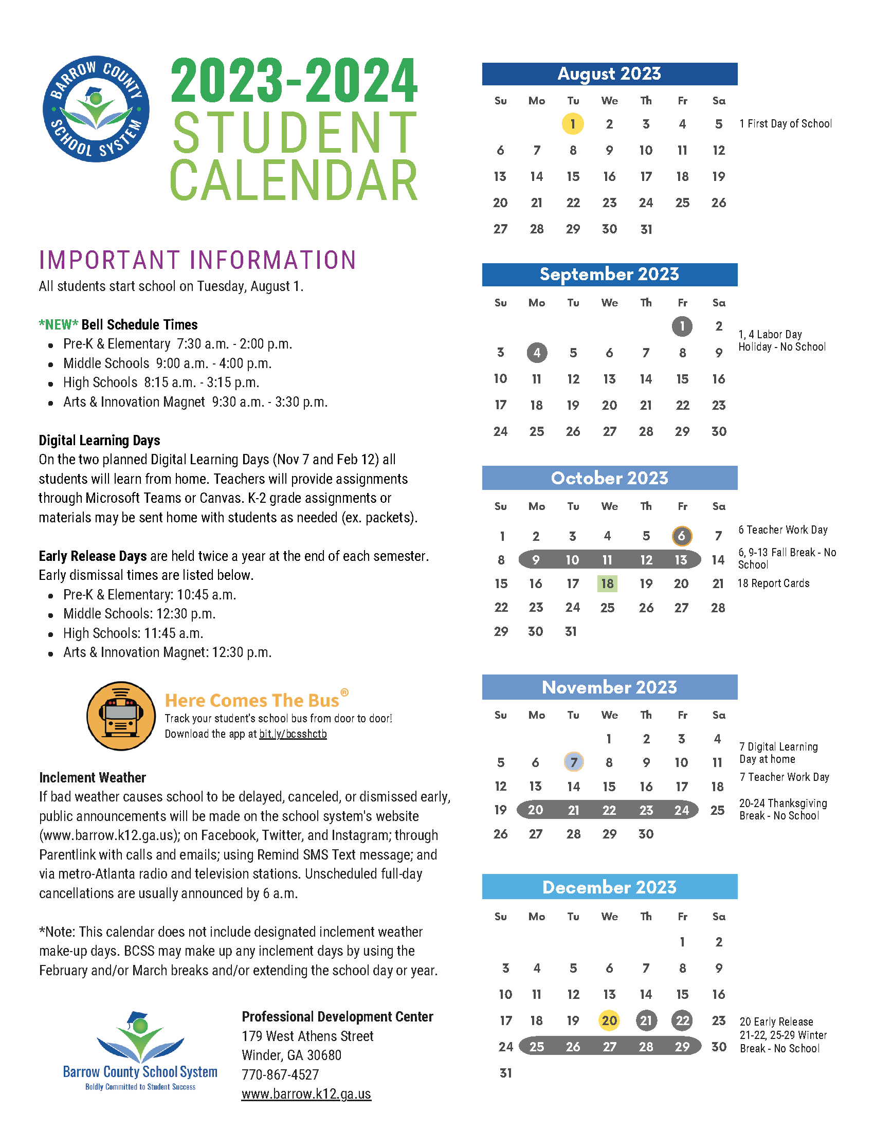 Printable School Year Calendar - Click to download printable PDF for your refrigerator!
